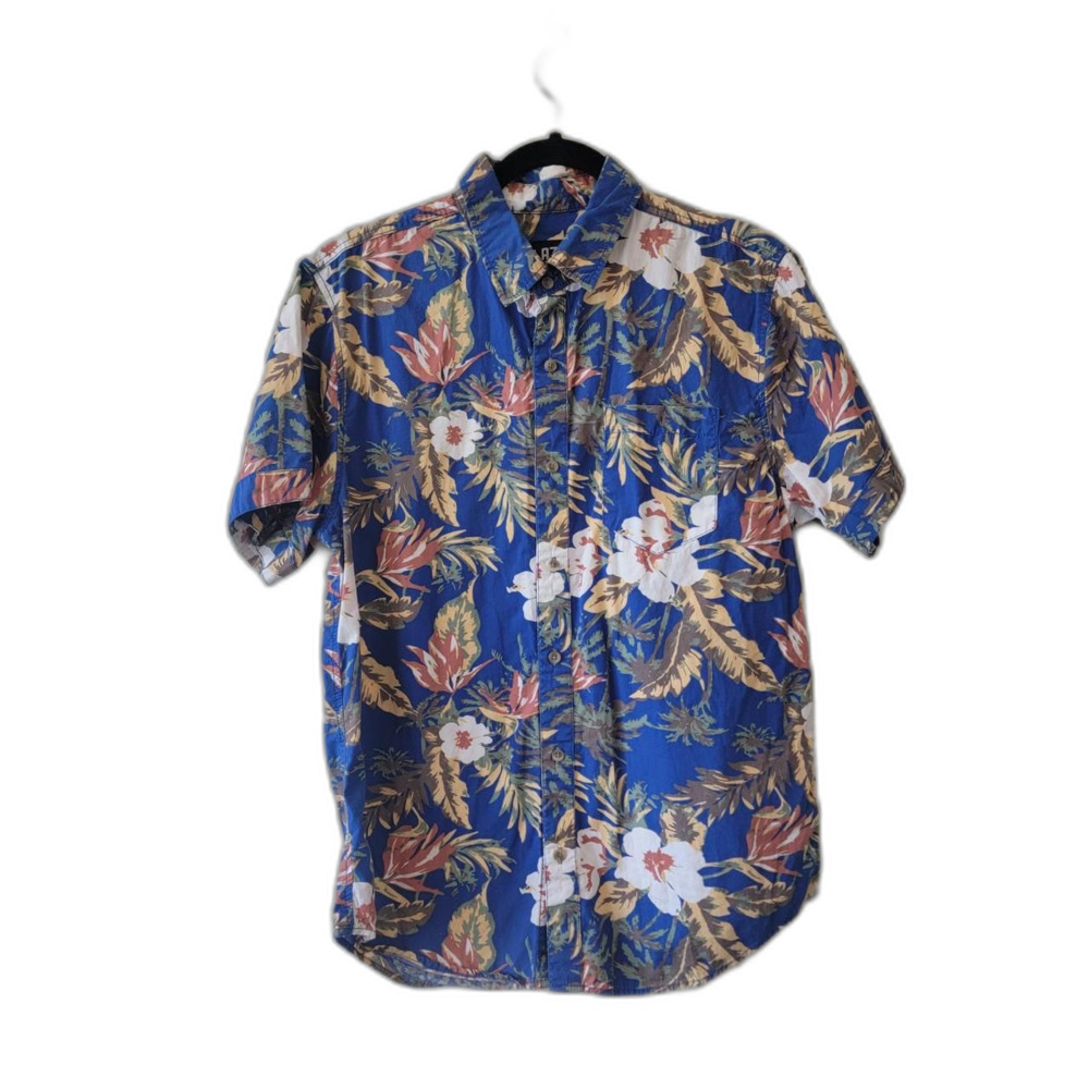 Lazer 90s Hawaiian Shirt Blue Tropical Floral Short Sleeve Size M